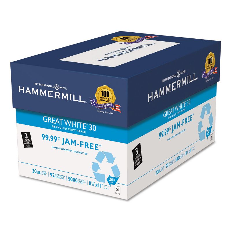 Hammermill Great White Recycled Copy 3-Hole Punched 92 Brightness 20lb Letter 5000/Ctn 86702