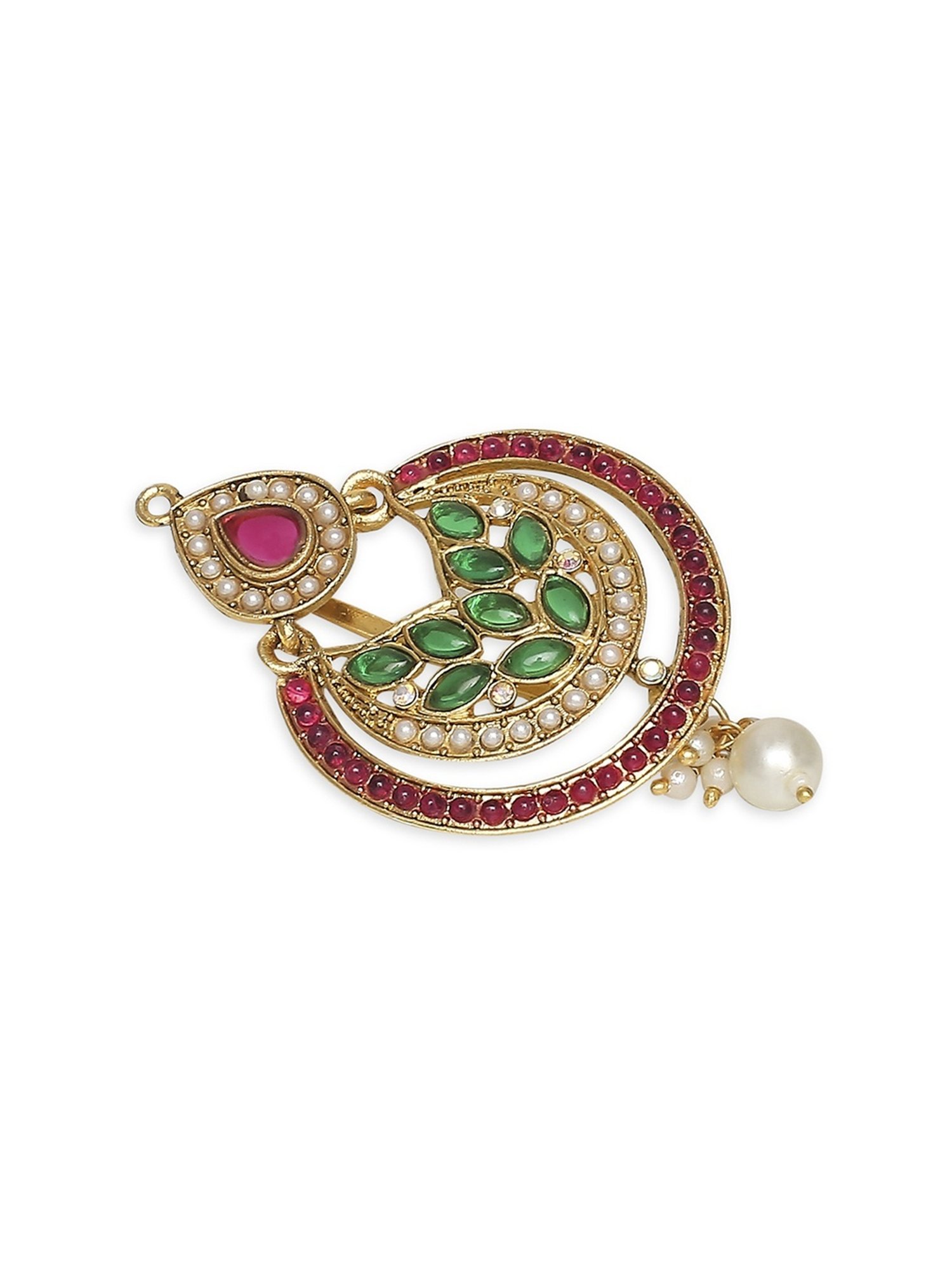 OOMPH Maroon & Green Kemp Stones Ethnic Chandbali Style Hair Bun Pin Juda Pin