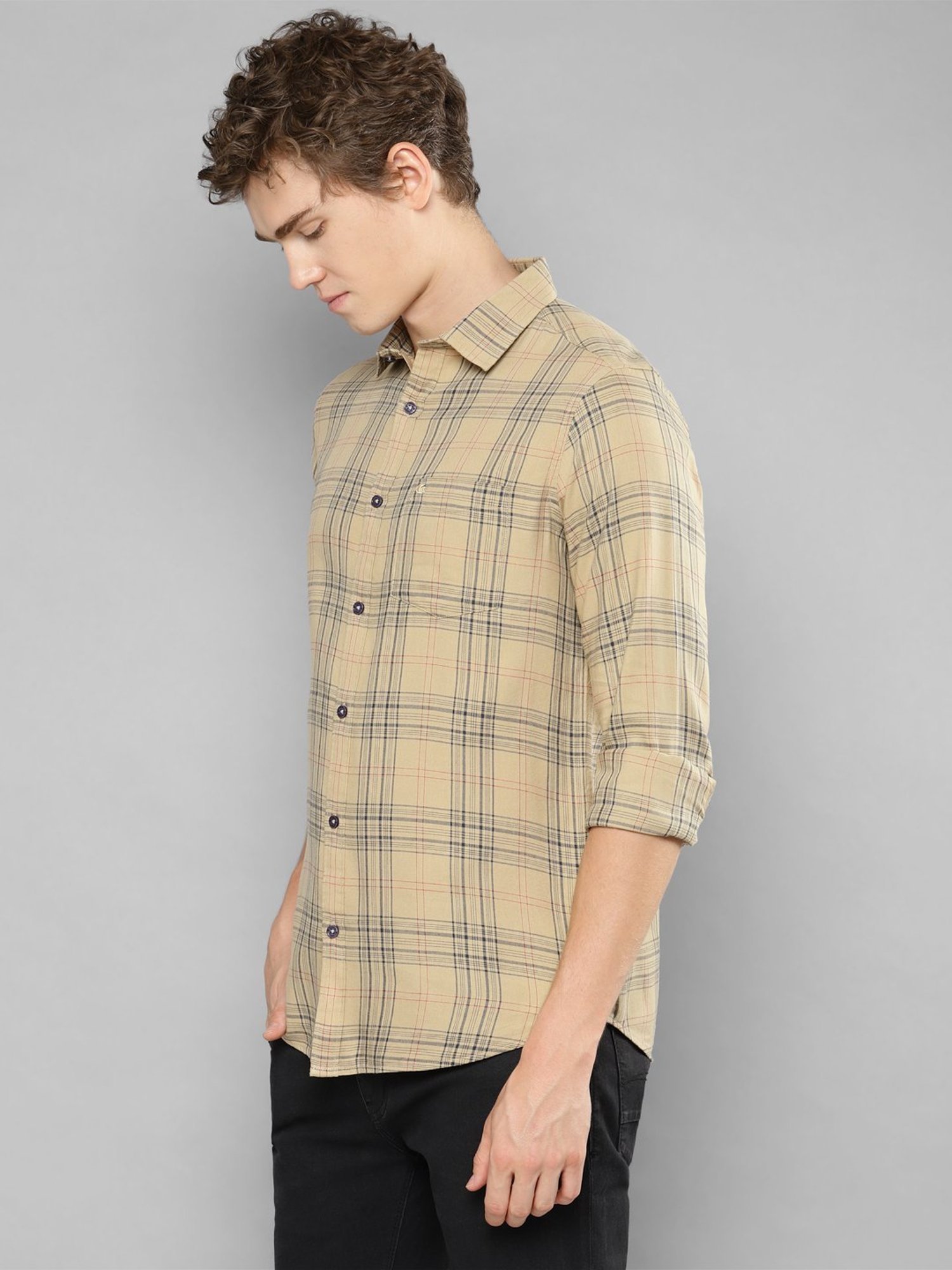 Allen cooper Beige Regular Fit Check Cotton Shirt