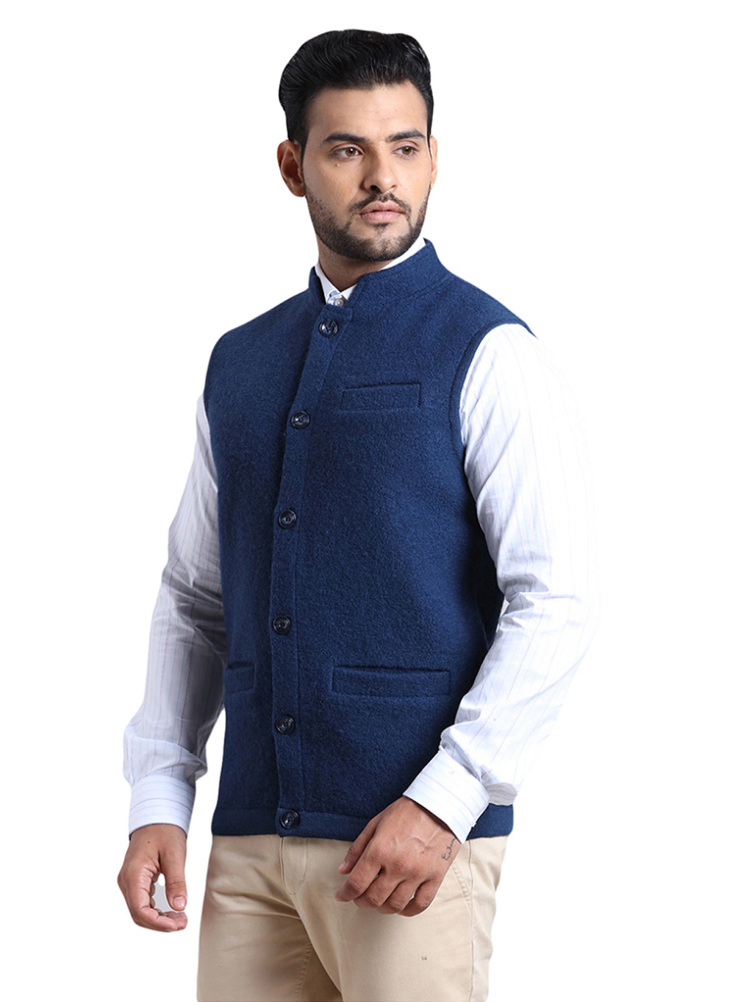 ColorPlus Blue Tailored Fit Self Pattern Nehru Jacket
