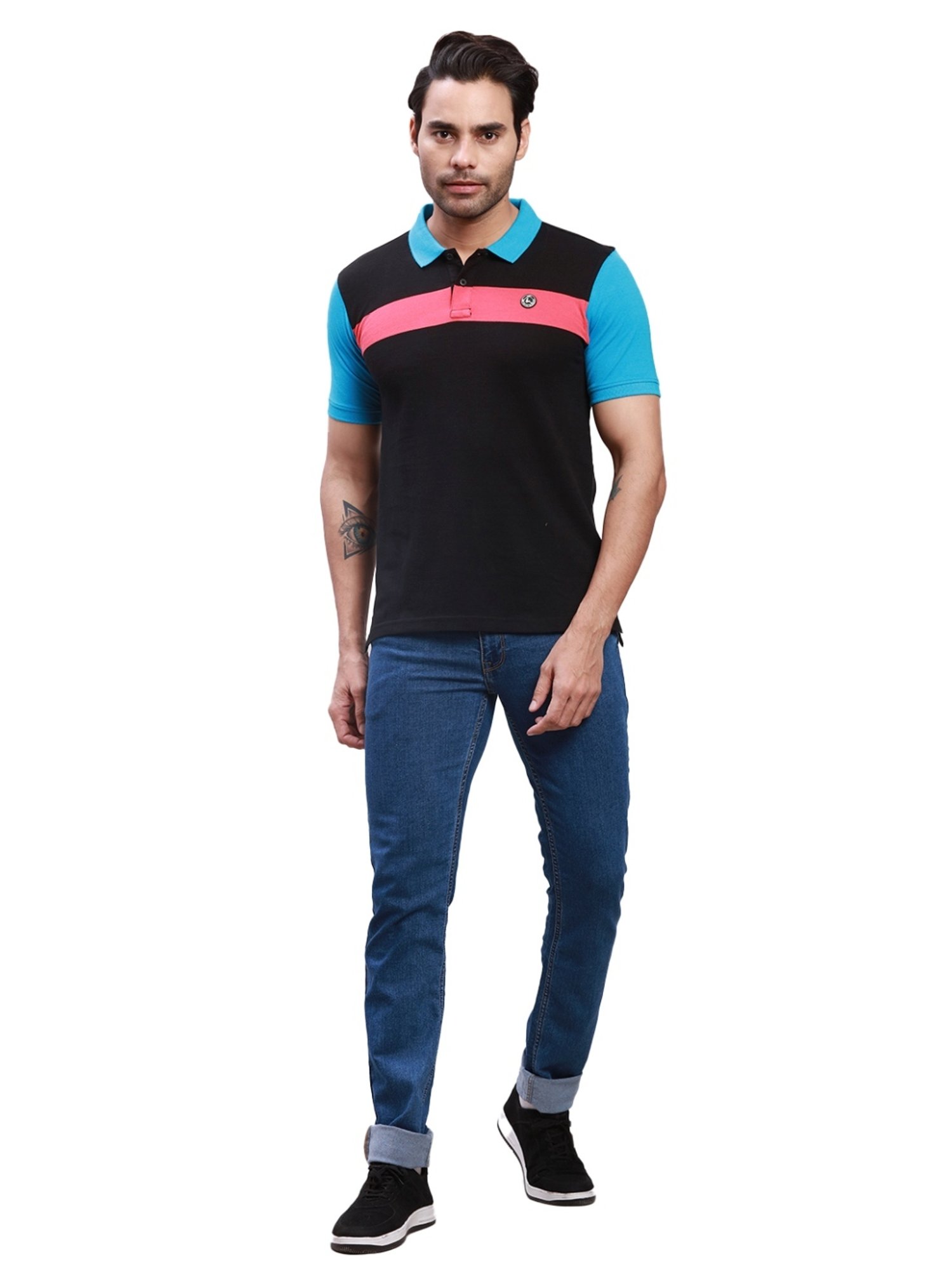 Parx Black Cotton Regular Fit Colour Block Polo T-Shirt