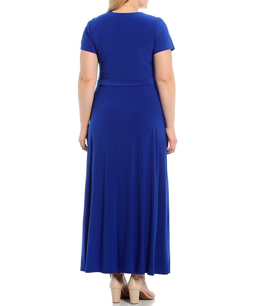 Eliza J Plus Size Matte Jersey Faux Wrap Tie Waist V-Neck Short Sleeve Maxi Dress