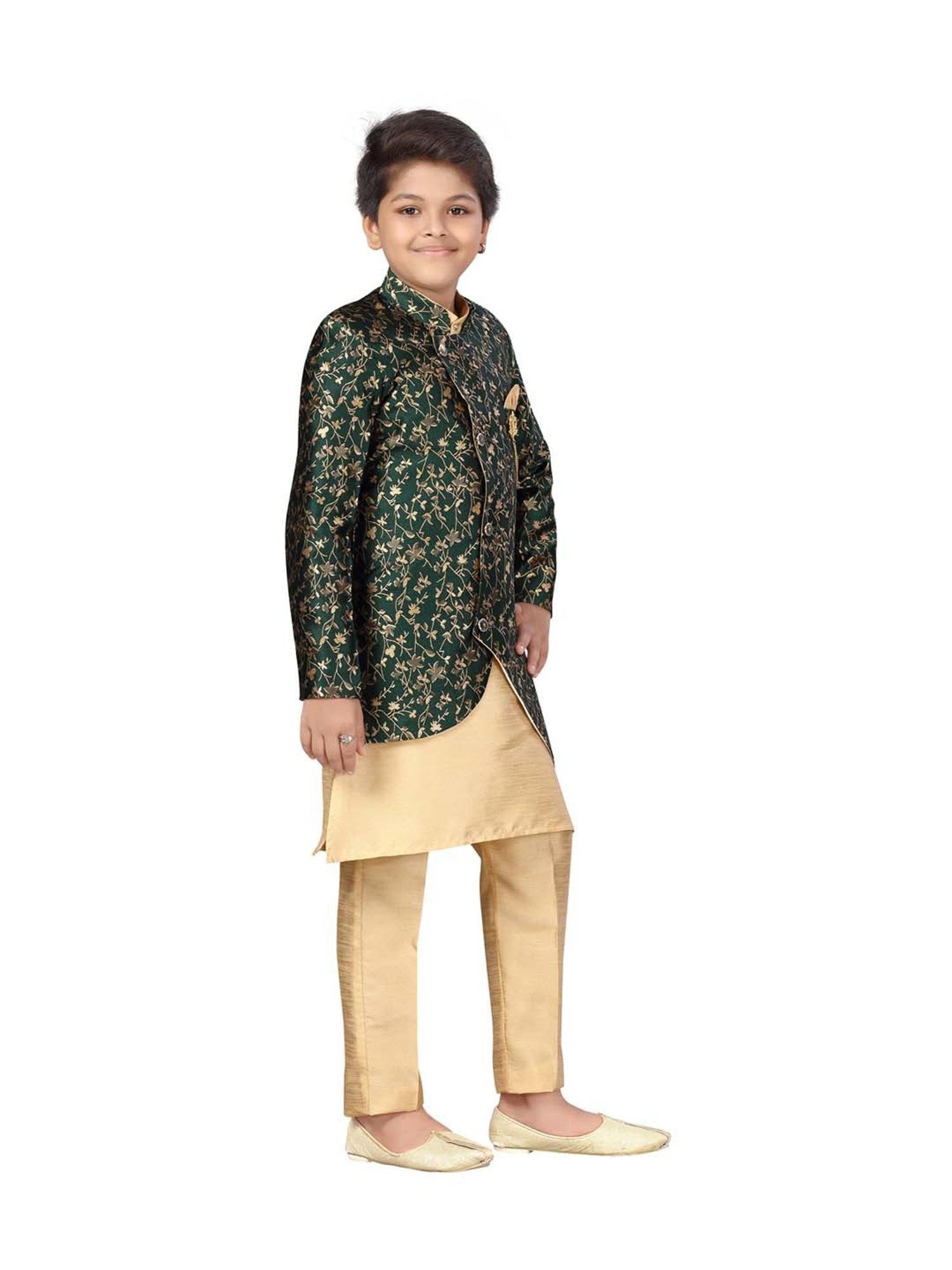 Ahhaaaa Kids Green & Beige Cotton Floral Print Full Sleeves Kurta Set