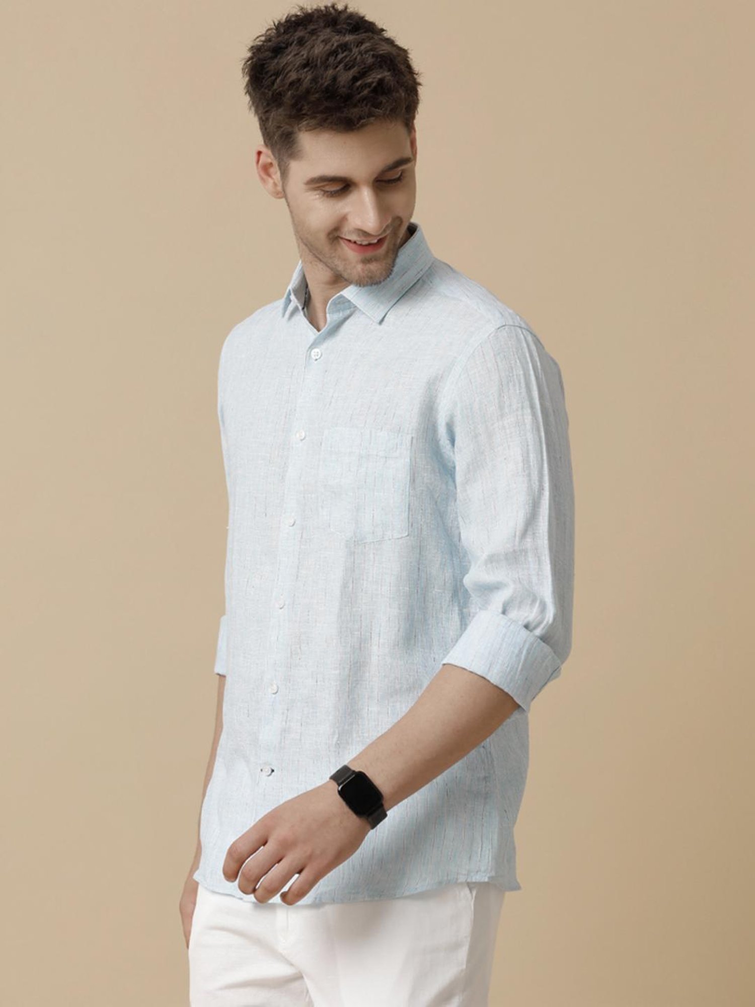 Linen Club Blue Linen Contemporary Fit Striped Shirt