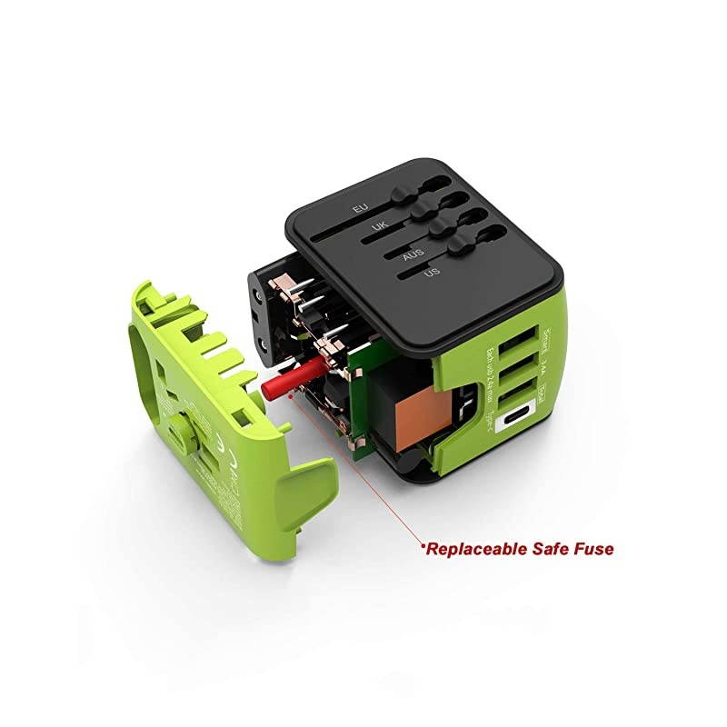 Plug Adapter, Universal Adapter, Power Plug Adapter, International Power Adapter with 3 USB & 1 Type-C Accessories for UK, EU, US, AUS 170 Countries (Green)