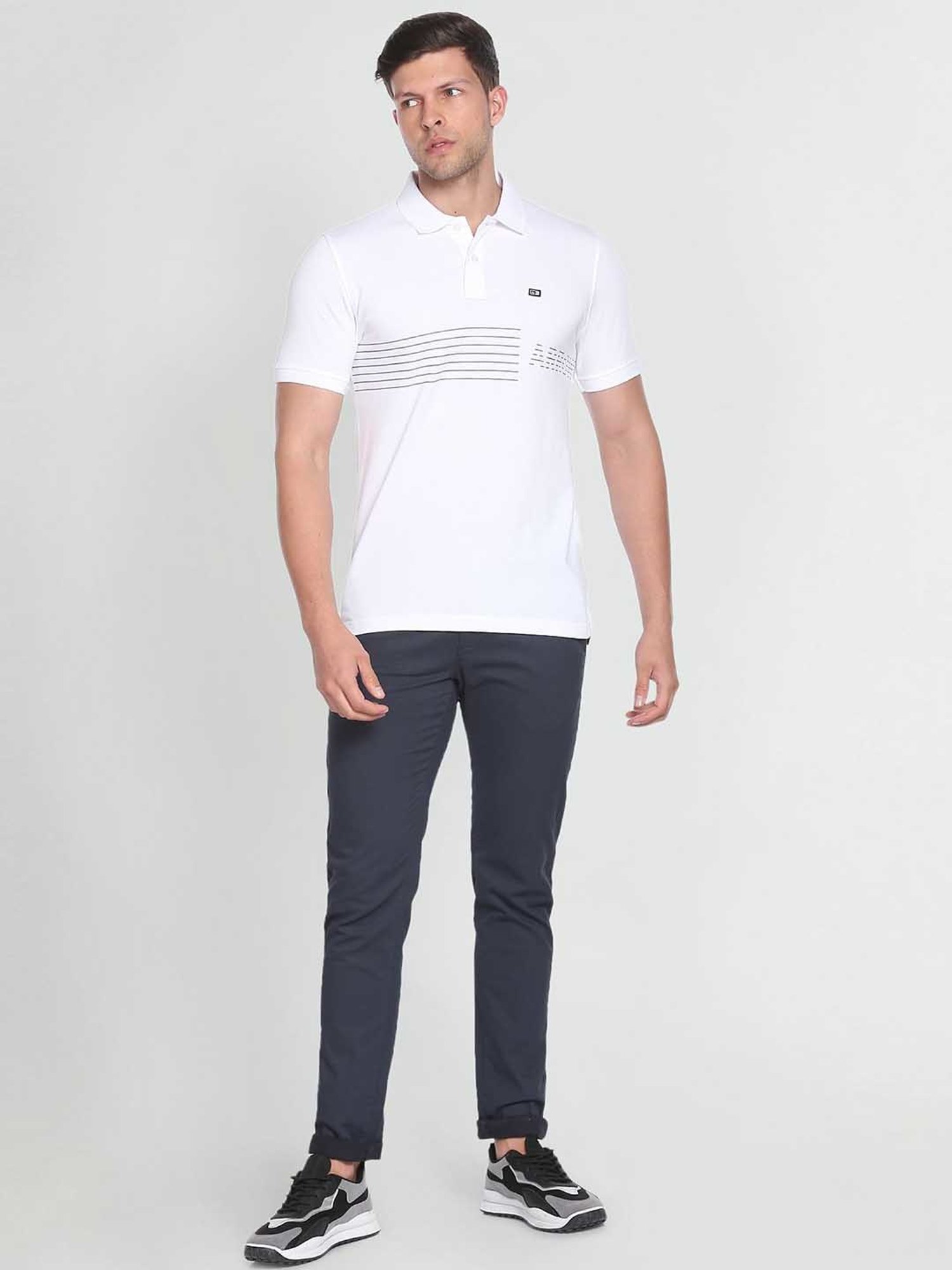 Arrow Sport White Cotton Regular Fit Striped Polo T-Shirt