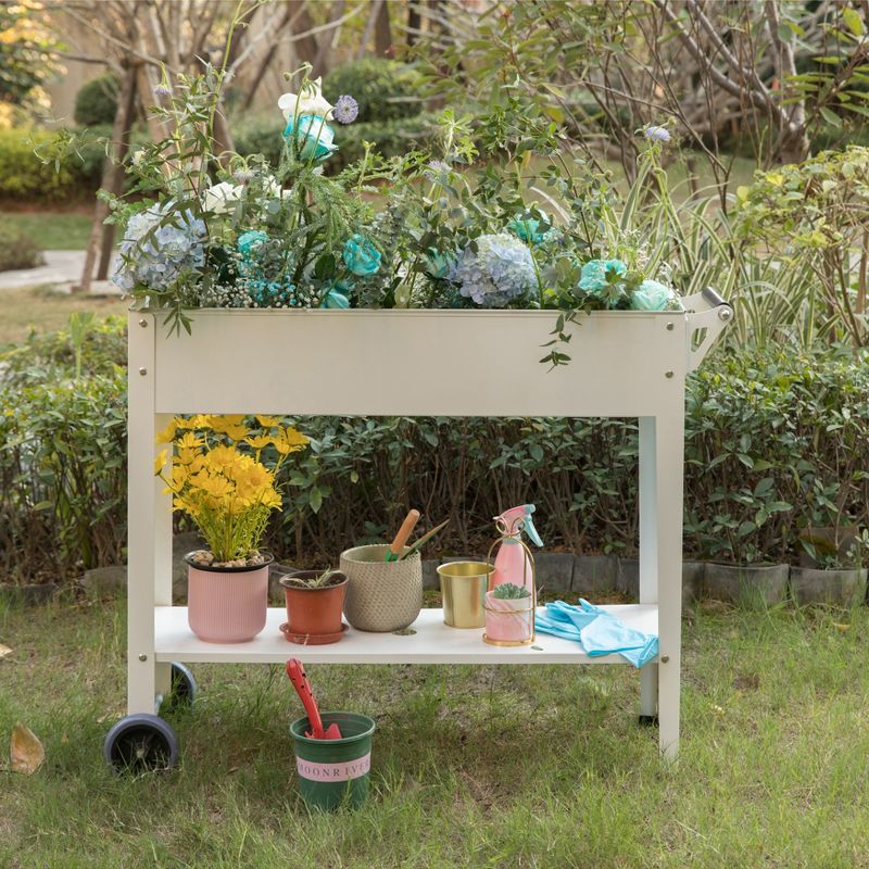 Gardenised Mobile Planter Raised Garden Bed Rectangular Flower Cart with Shelf