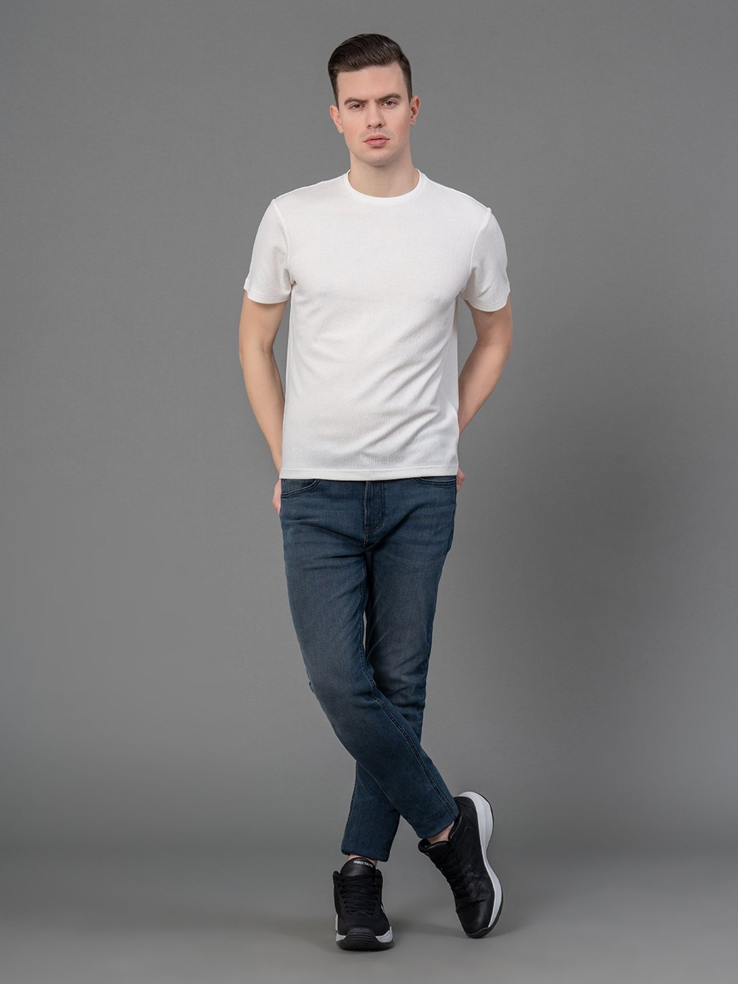 Red Tape White Regular Fit Self Design Crew T-Shirt