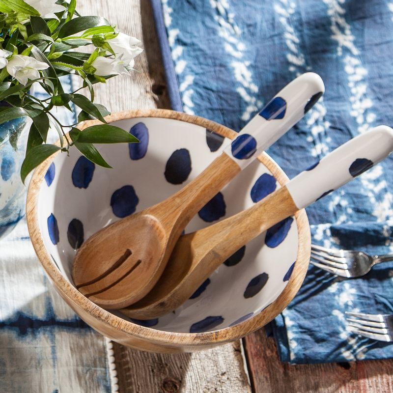 Lone Elm Studios Indigo Ink-Accented Serving Bowl with Matching Set of 2 Spoons