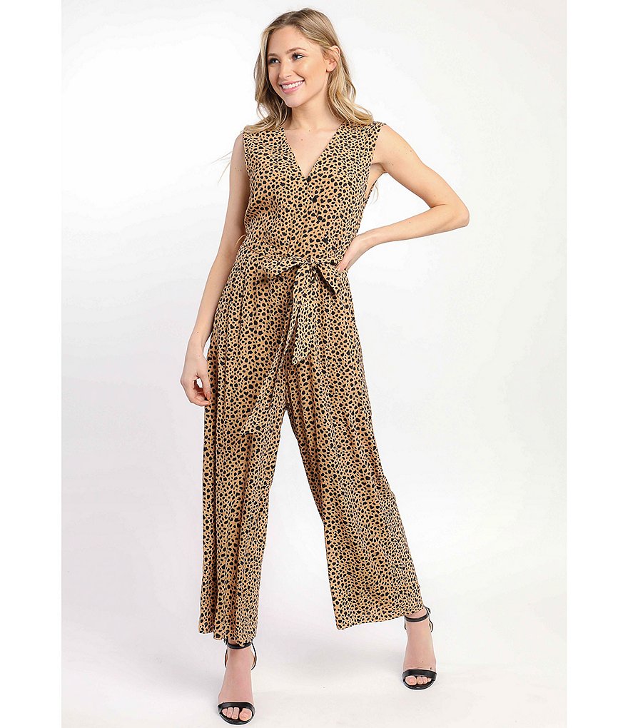 Skies Are Blue Leopard Print Belted Wide Leg Sleeveless Jumpsuit