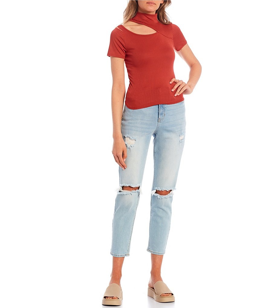 Love & Piece Mock-Neck Button-Side Ribbed Knit Top