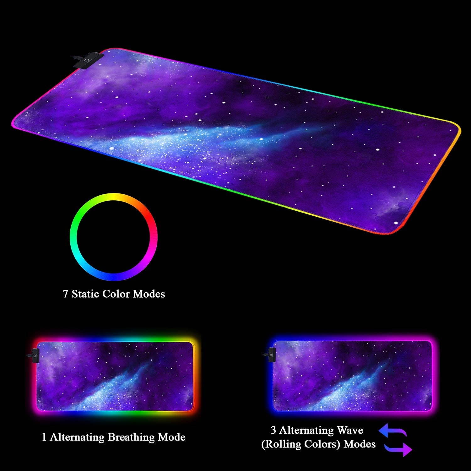 Meffort Inc RGB Gaming Mouse Pad - Extra Large XXL LED Gaming Mouse Mat with Custom Design Stitched Edges 35.4 x 15.7 Inches - Galaxy Universe