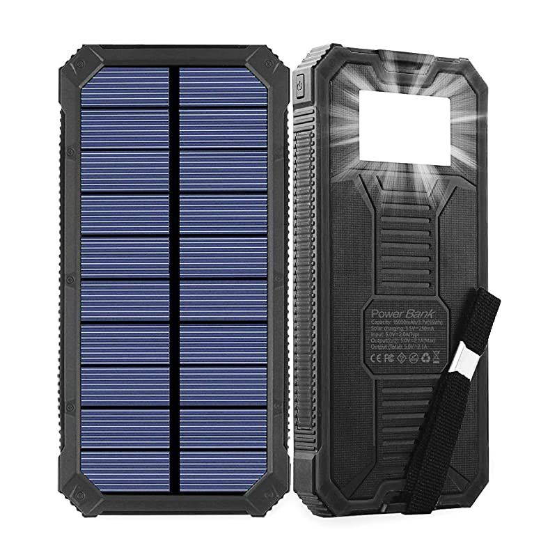 Solar Charger,  15000mAh Portable Solar Power Bank with Dual USB Output Ports, Solar Phone Charger External Battery Pack with 6 LED Flashlight Light for iPhone, iPad, Android and More (Black)