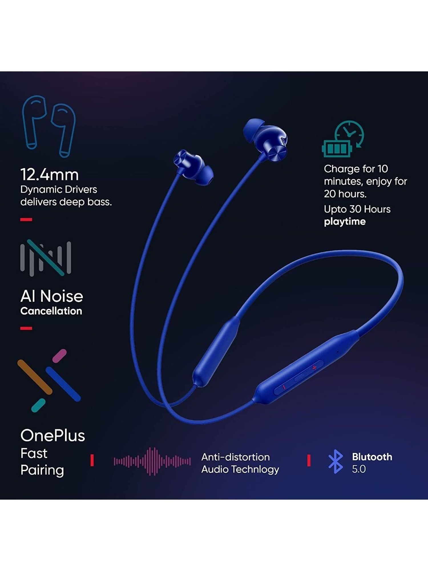 OnePlus Bullets Z2 Bluetooth Wireless Neckband with Mic, 30 Hours Battery Life (Beam Blue)