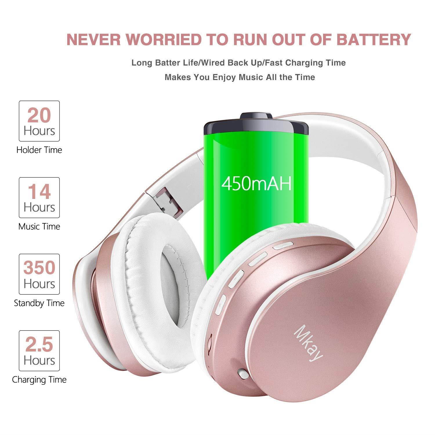 Bluetooth Headphones Wireless,MKay Over Ear Headset V5.0 with Microphone, Foldable & Lightweight, Support Tf Card MP3 Mode and Fm Radio for Cellphones Laptop TV-Rose Gold