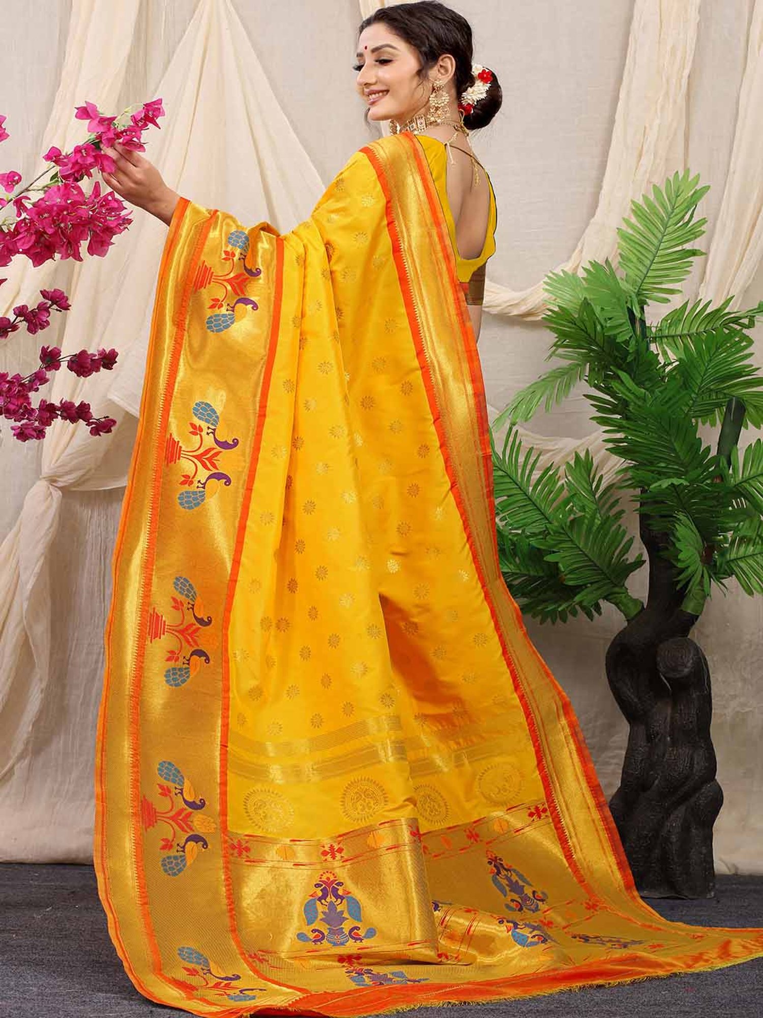SHUBHKALA Yellow Silk Woven Saree With Unstitched Blouse