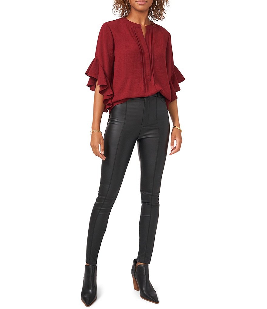 Vince Camuto Ruffled Short Elbow Flutter Sleeve V-Neck Matte Rumple Henley Blouse