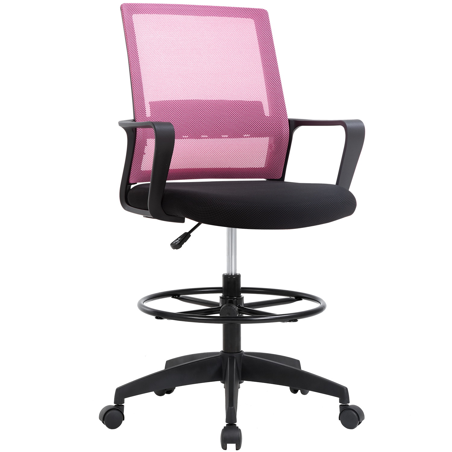 Drafting Chair Tall Office Chair Computer Chair Adjustable Height with Lumbar Support Arms Footrest Mid Back Task Desk Chair Swivel Rolling Mesh Drafting Stool for Adults Women Girls(Pink)