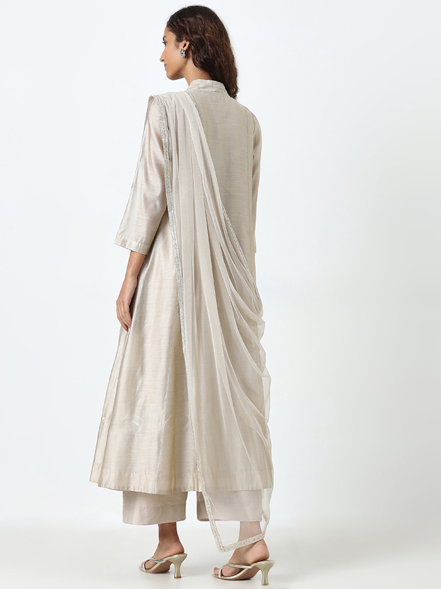 Vark by Westside Beige Floral Embroidered Kurta, Pants and Dupatta