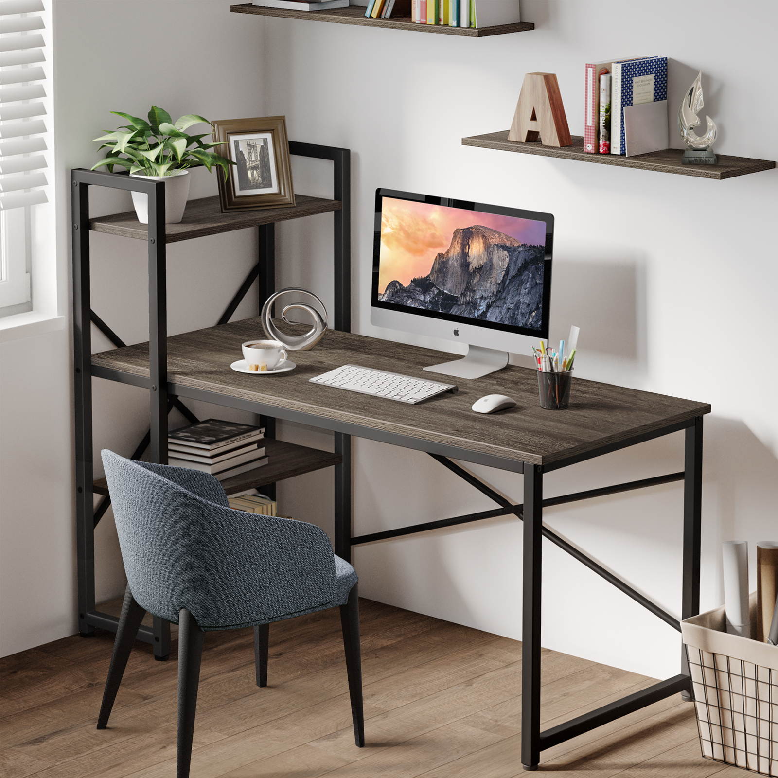 HOMEMAX Computer Desk with Shelves 55.1" Writing Study Table with Adjustable Storage Modern Home Office Desk with Reversible Bookshelf Rustic Gray
