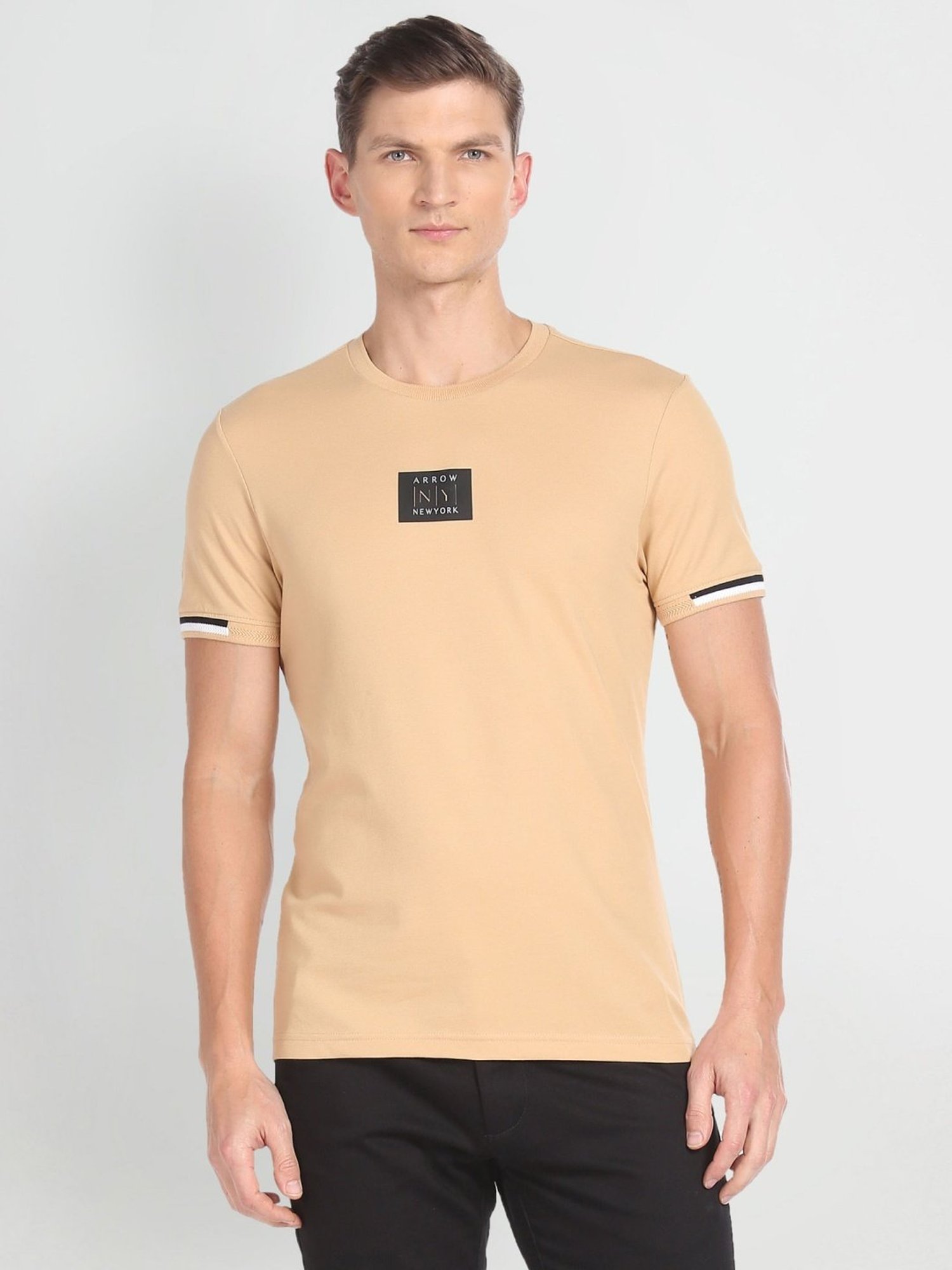 Arrow New York Beige Cotton Regular Fit T-Shirt