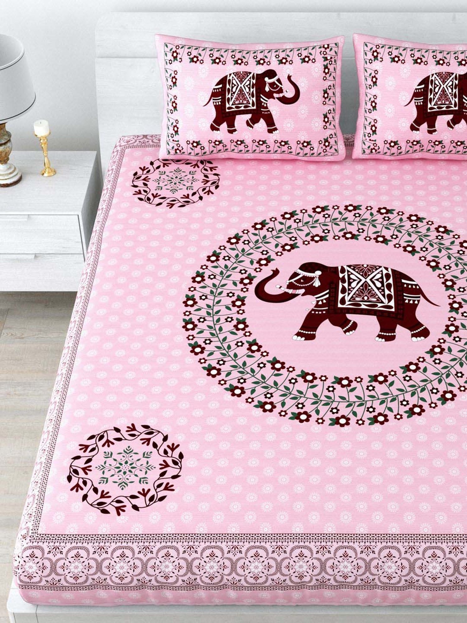 Living Roots Pink & Brown Cotton 180 TC Super King Bedsheet with 2 Pillow Covers