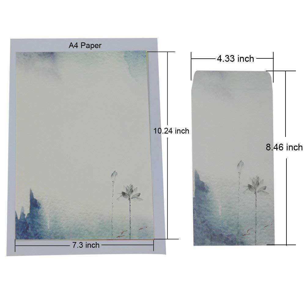Letter Writing Stationery Paper and Envelopes Set, Ink Painting Design Assorted Color (32 Pcs Stationery Paper + 32 Pcs Envelopes)