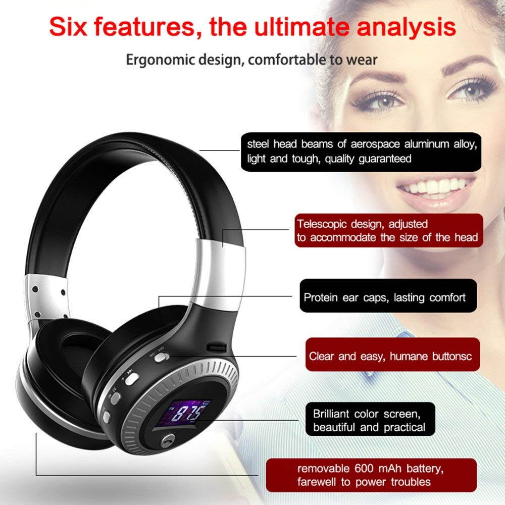 Zgeer Wireless Bluetooth Headphones LED Display Screen Headset Stereo Handsfree with Mic FM Radio TF Card Slot for Computer PC Smartphone