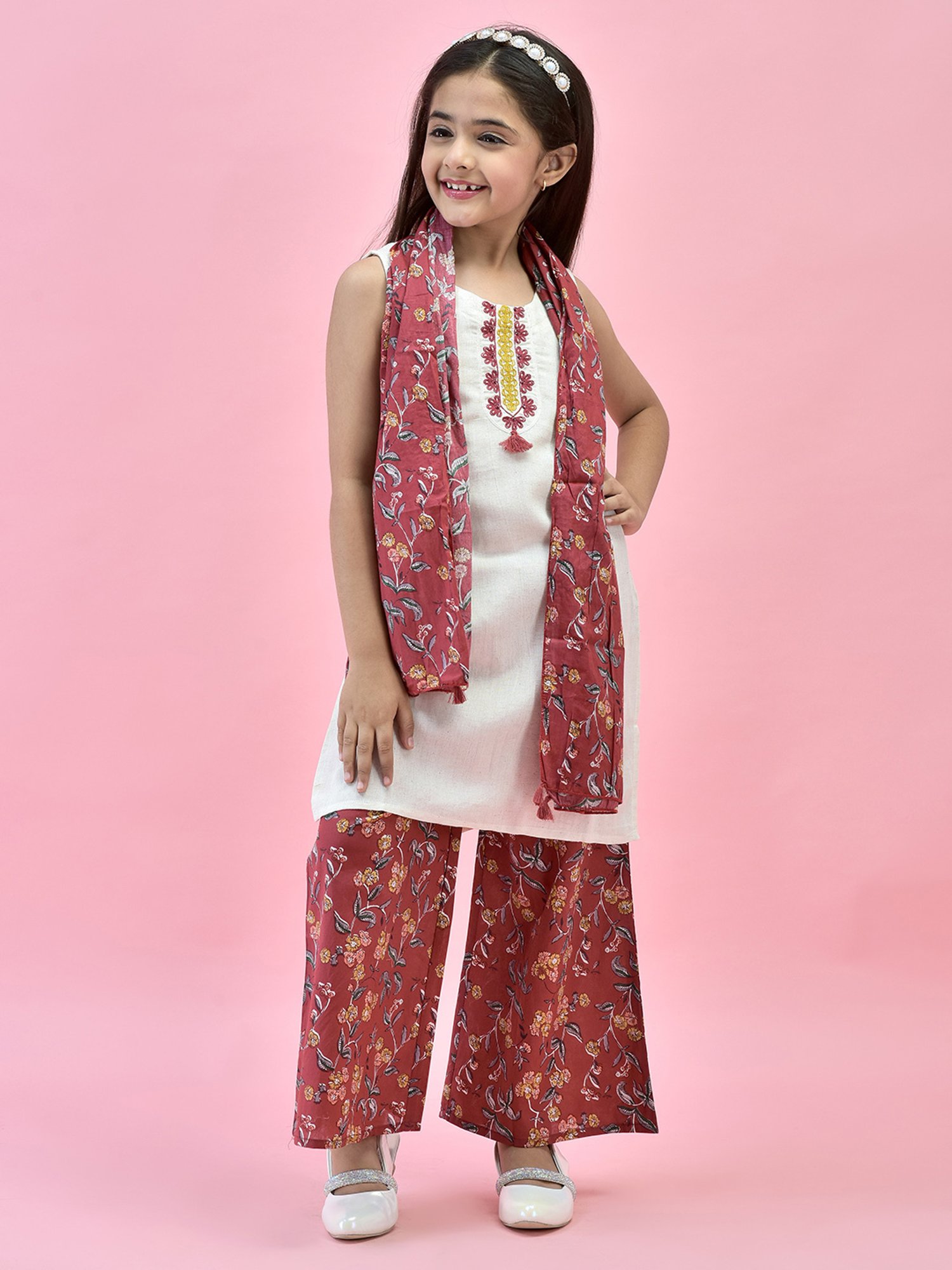 Juniper Girls White & Maroon Embroidered Kurta, Plazzos With Dupatta