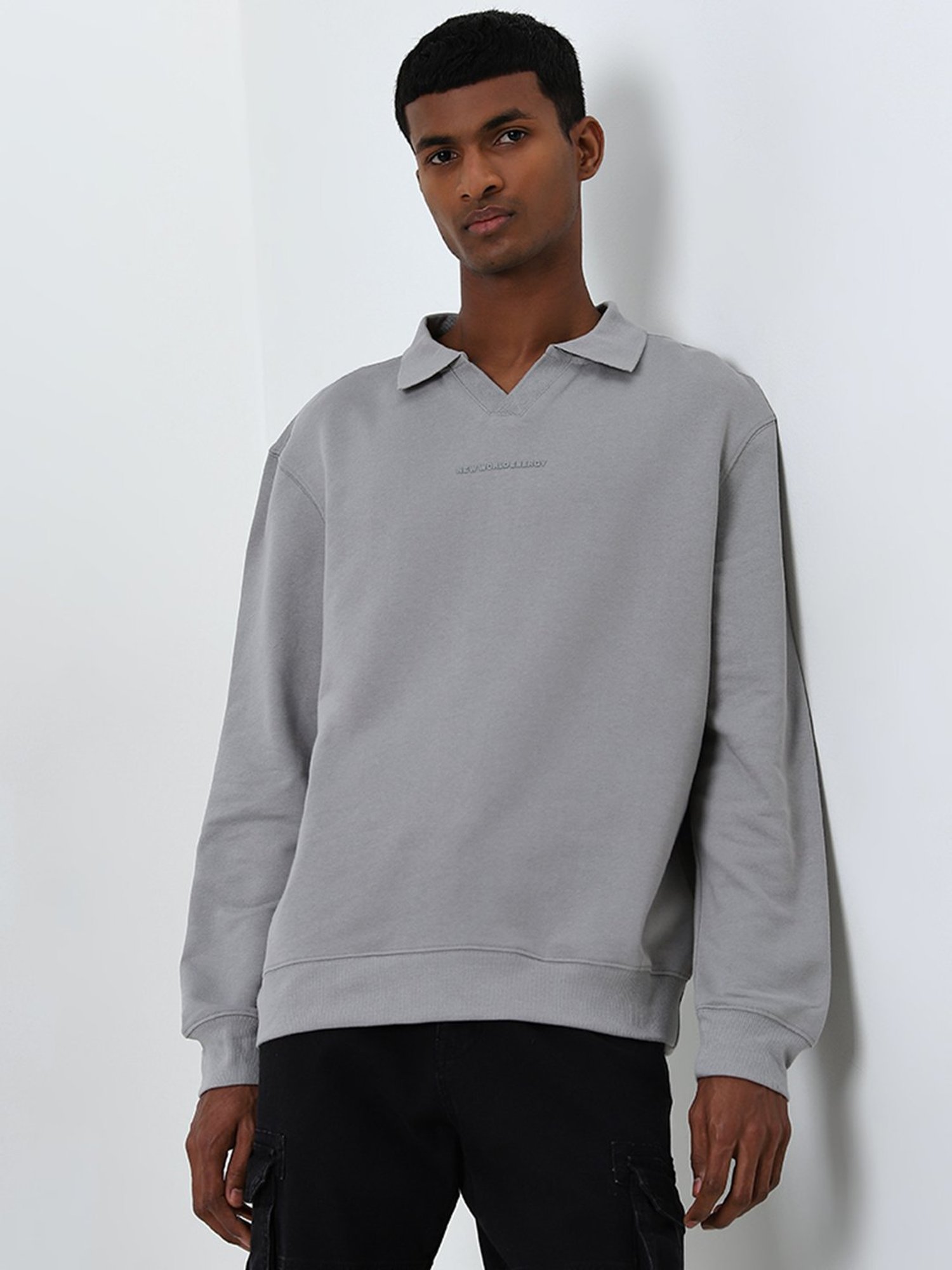Nuon by Westside Grey Text Printed Relaxed-Fit Cotton Sweatshirt