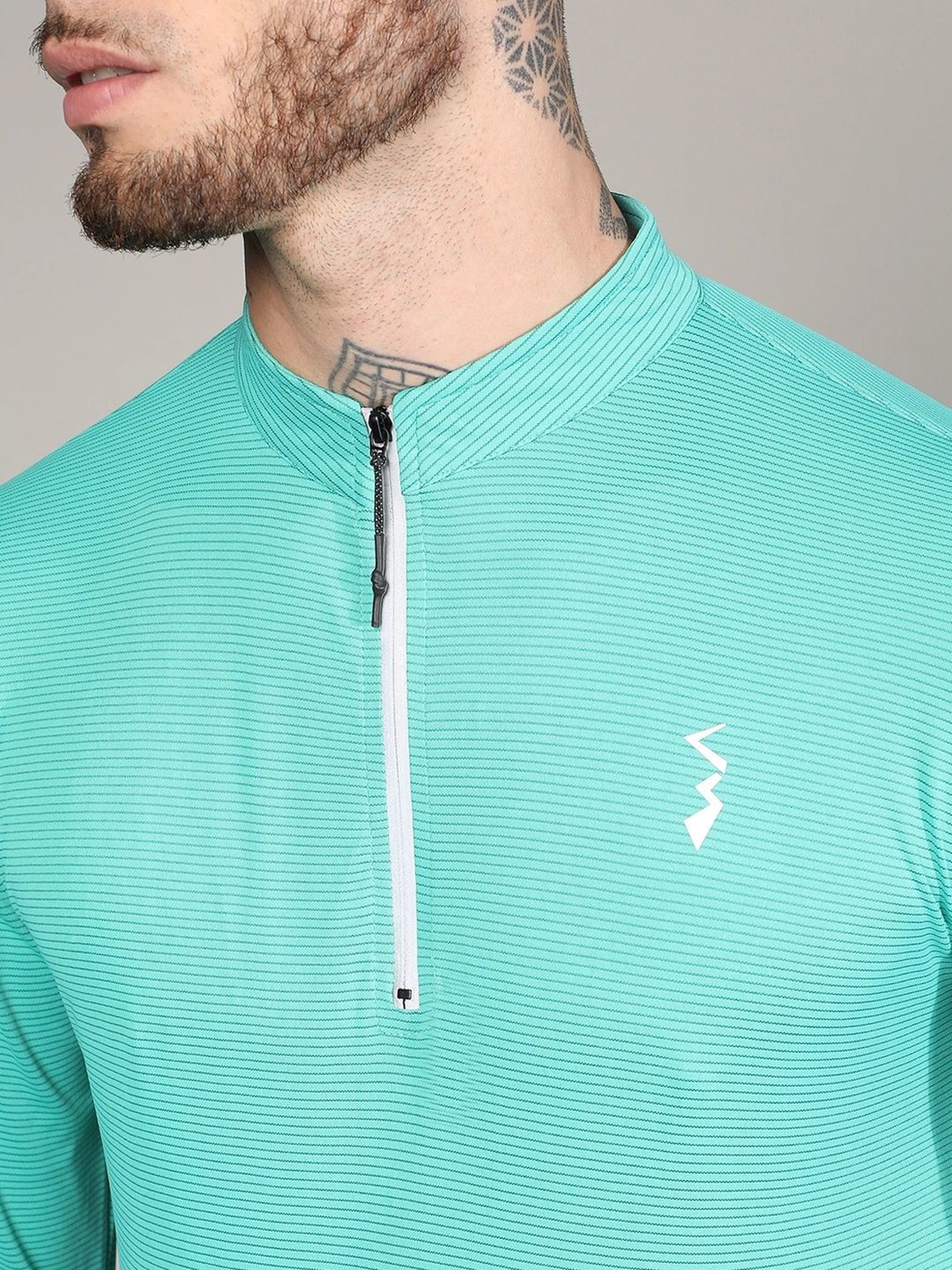 Campus Sutra Green Regular Fit Striped Henley T-Shirt