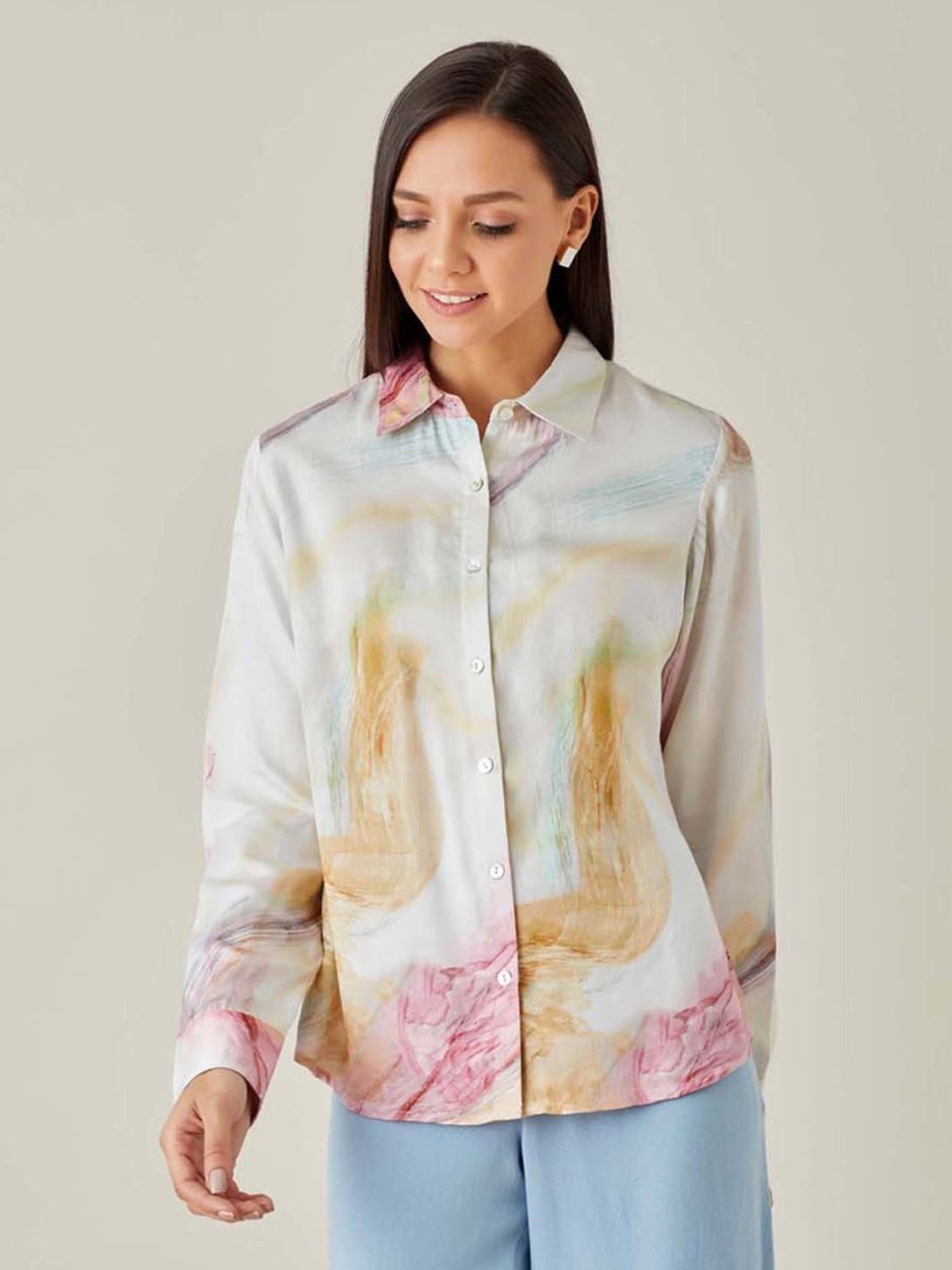 Qua Multi Watercolor Satin Shirt