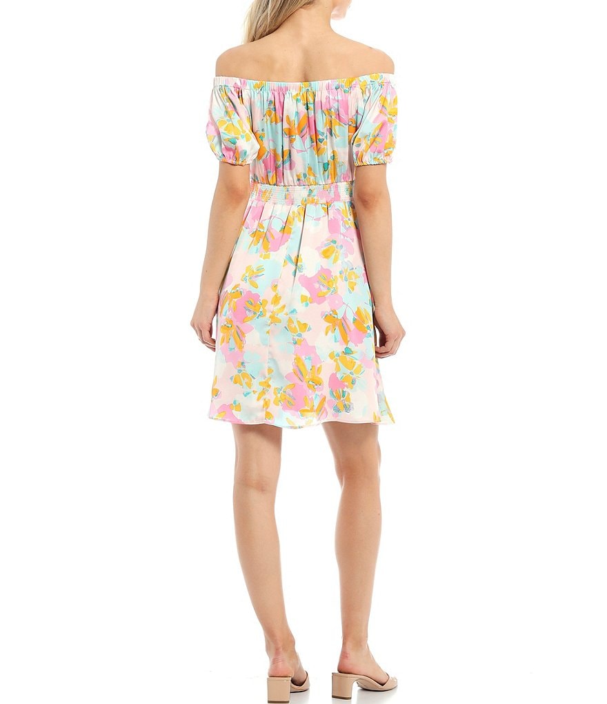 Skies Are Blue Floral Print Off-the-Shoulder Dress