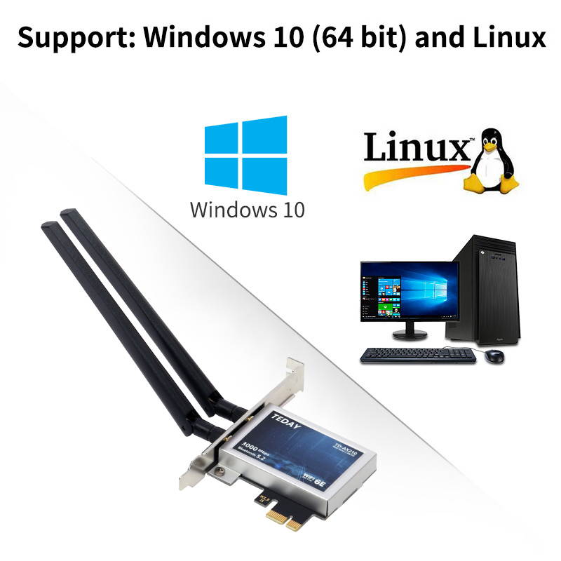 Teday TD-AX210 WiFi 6E PCI-E 3000Mbps Bluetooth 5.2 Wifi Adapter Intel AX210 Wi-fi Card Wireless PCI Express 802.11ax/ac 2.4Ghz/5Ghz/6Ghz MU-MIMO OFDMA for Windows 10 Linux