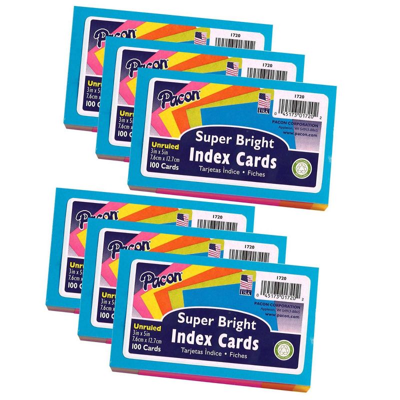 6pk 100 per pack 4" x 6" Blank Index Cards Brite Assorted - Top Notch Teacher Products