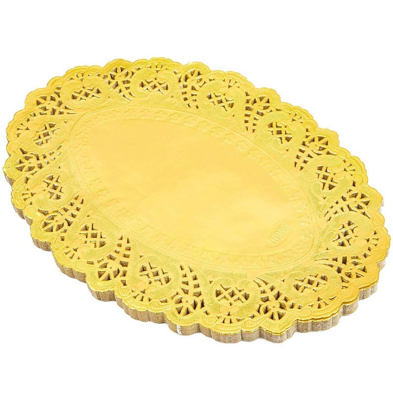 Juvale 100 Piece Gold Disposable Oval Paper Doilies Lace for Art & Craft Pastry Decorations, 7.5 x 10.5 in