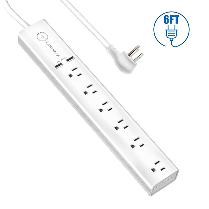6Outlet Surge Protector Power Strip with 2 Fast Charging USB PortDesktop Charging Station 6 ft Extension Cord for Cruise Ship Dorm Room Multi Plug Extender White