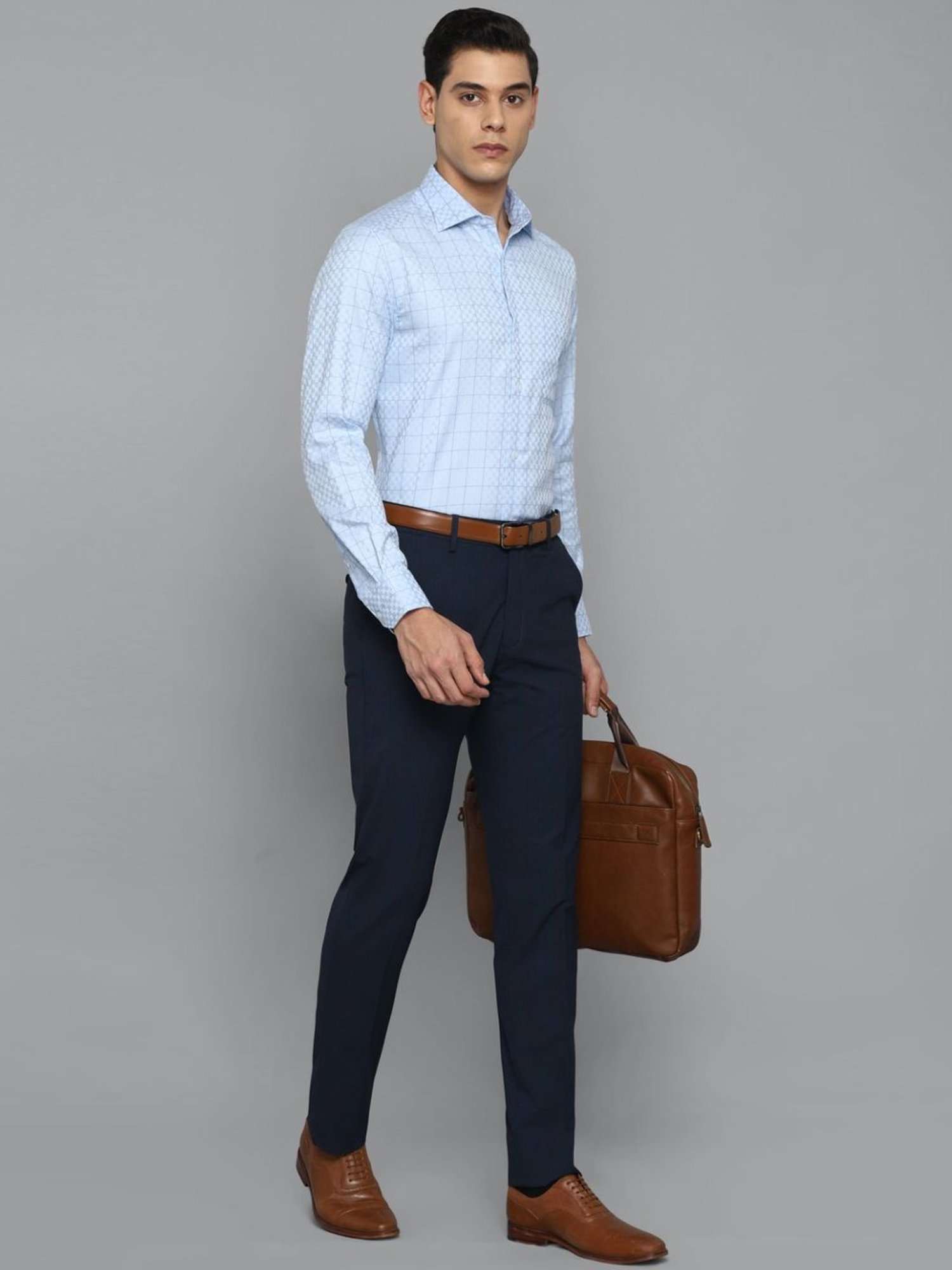 Louis Philippe Navy Slim Fit Checks Trousers