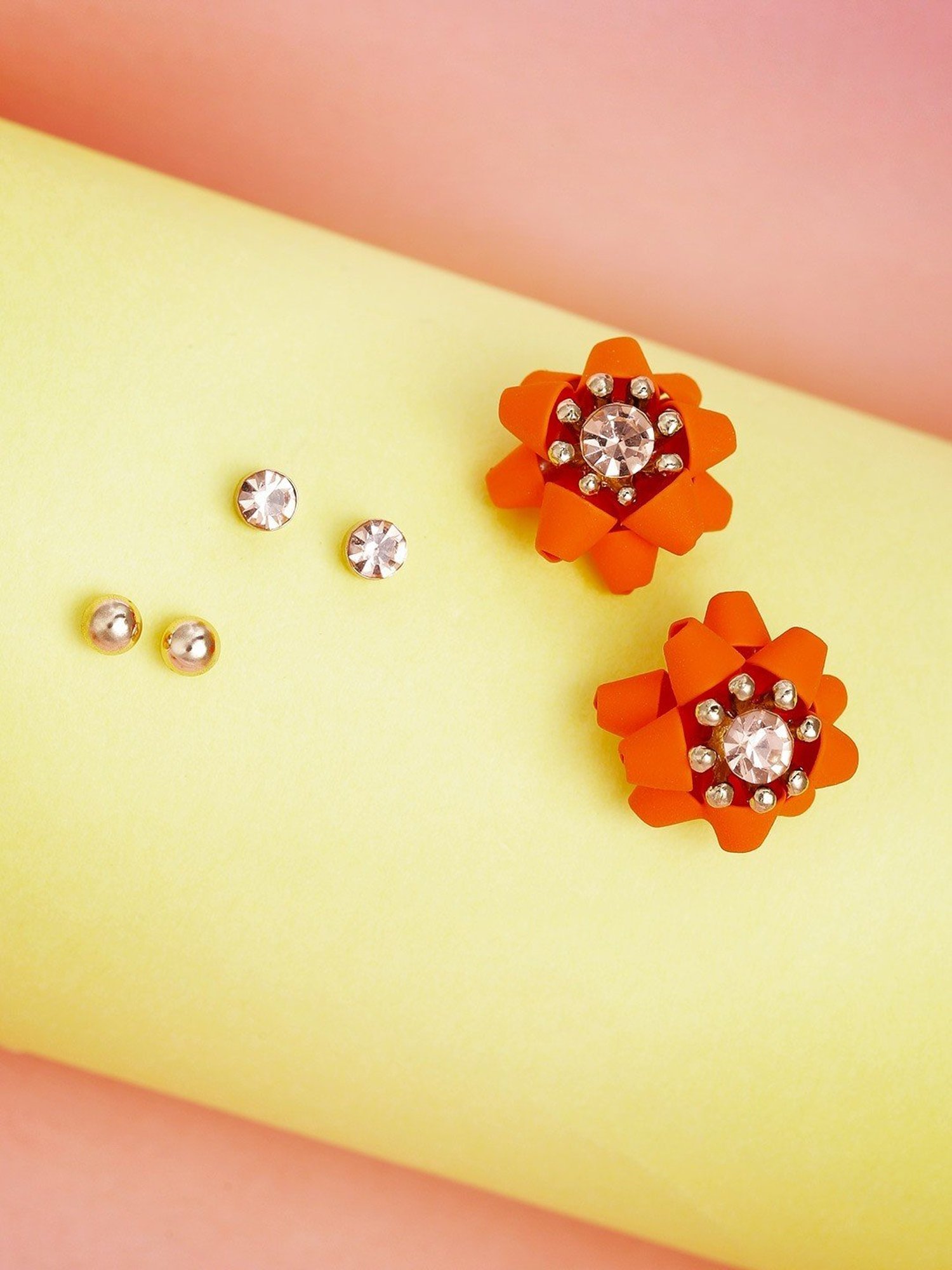 Priyaasi Orange Floral Pearl and Stone Stud Earrings - Set of 3