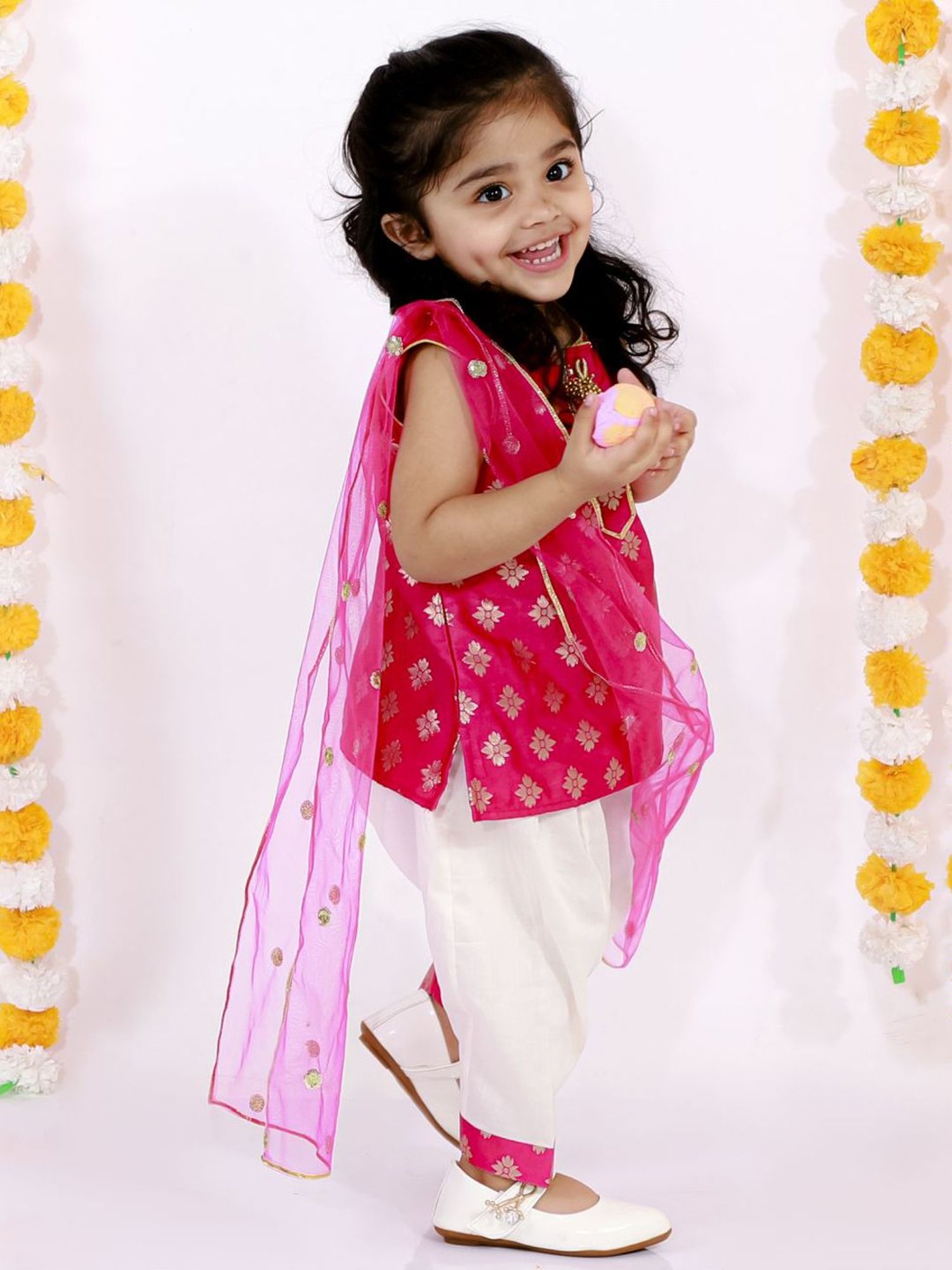 Little Bansi Kids Rani & Cream Embellished Suit Set