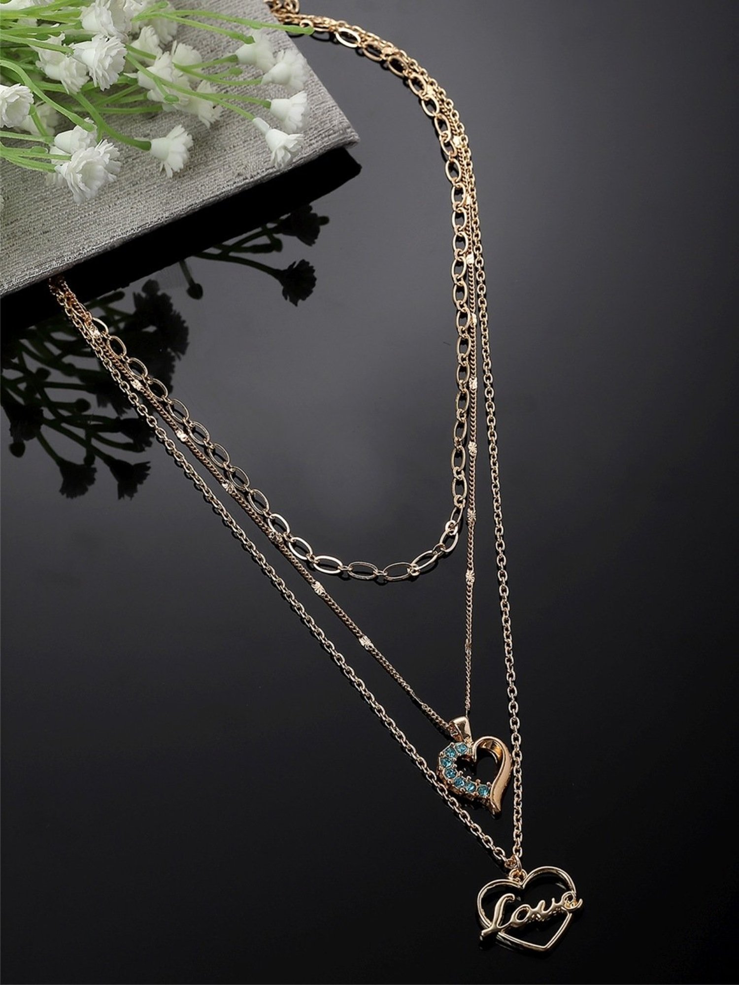 Karatcart Golden Love & Heart Shape Multicharm Multilayered Chain Women