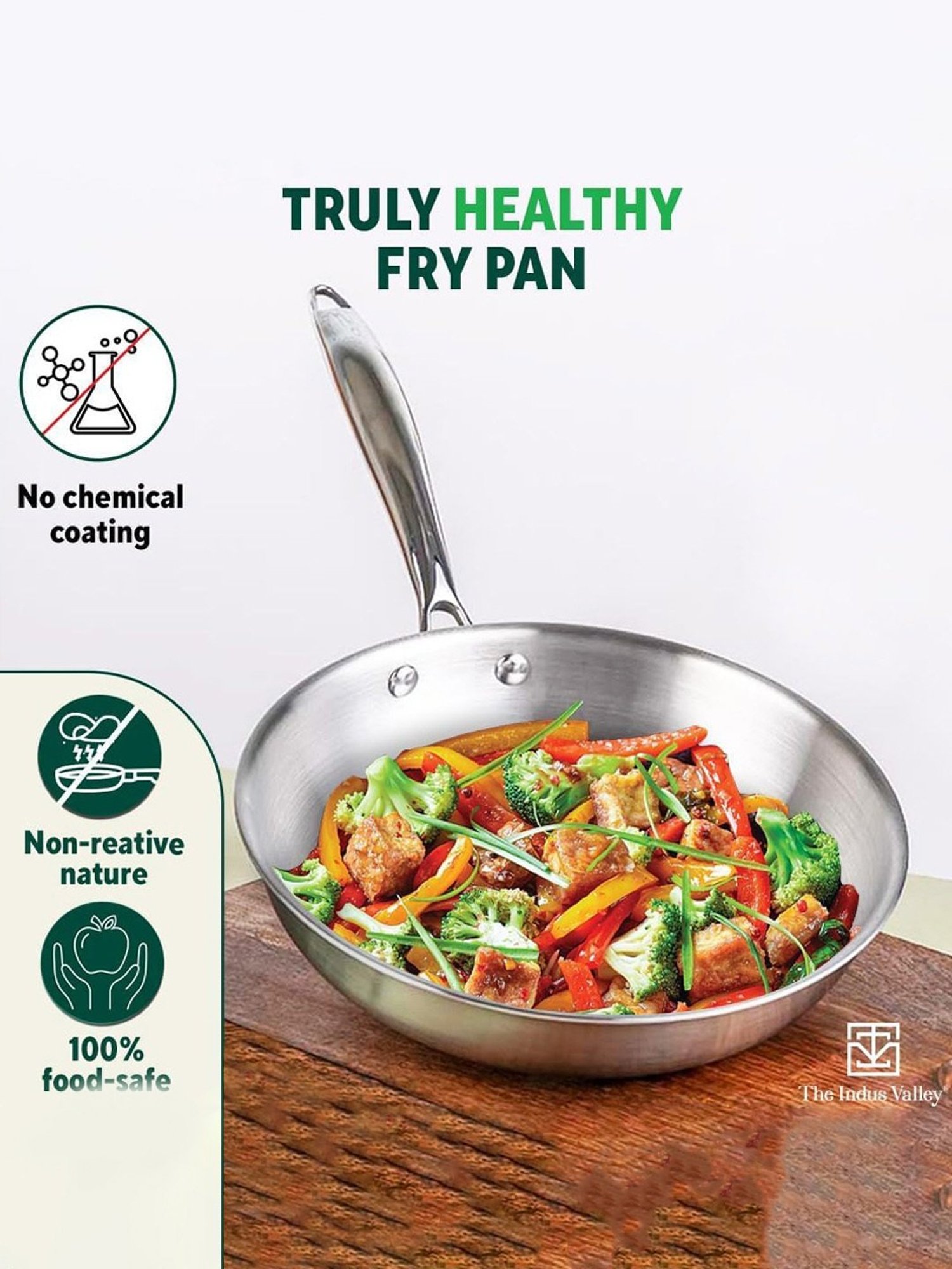 The Indus Valley Silver Stainless Steel Fry Pan with Wooden Flip (1.9 L)