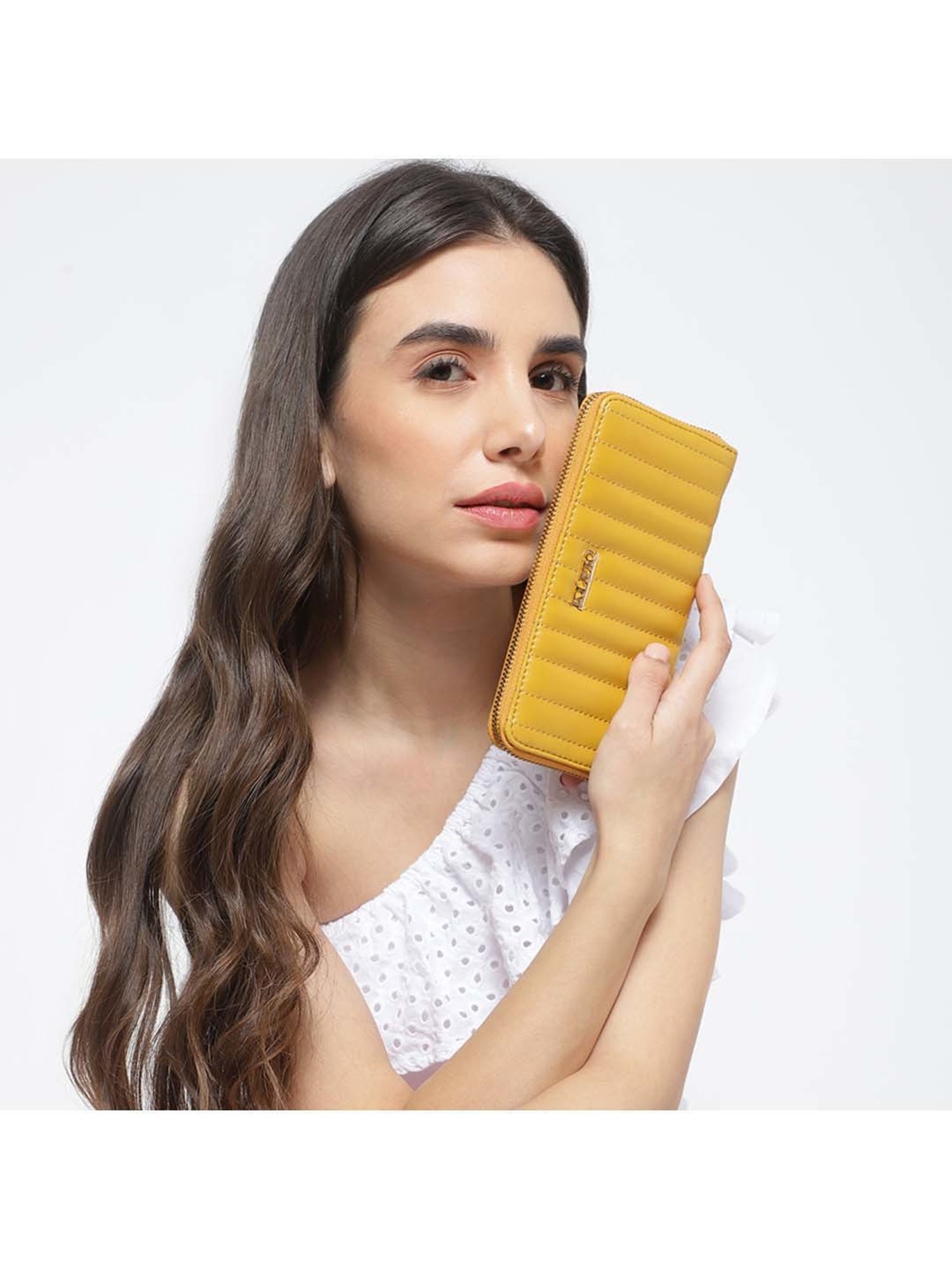 KLEIO Yellow Quilted Zip Around Wallet for Women