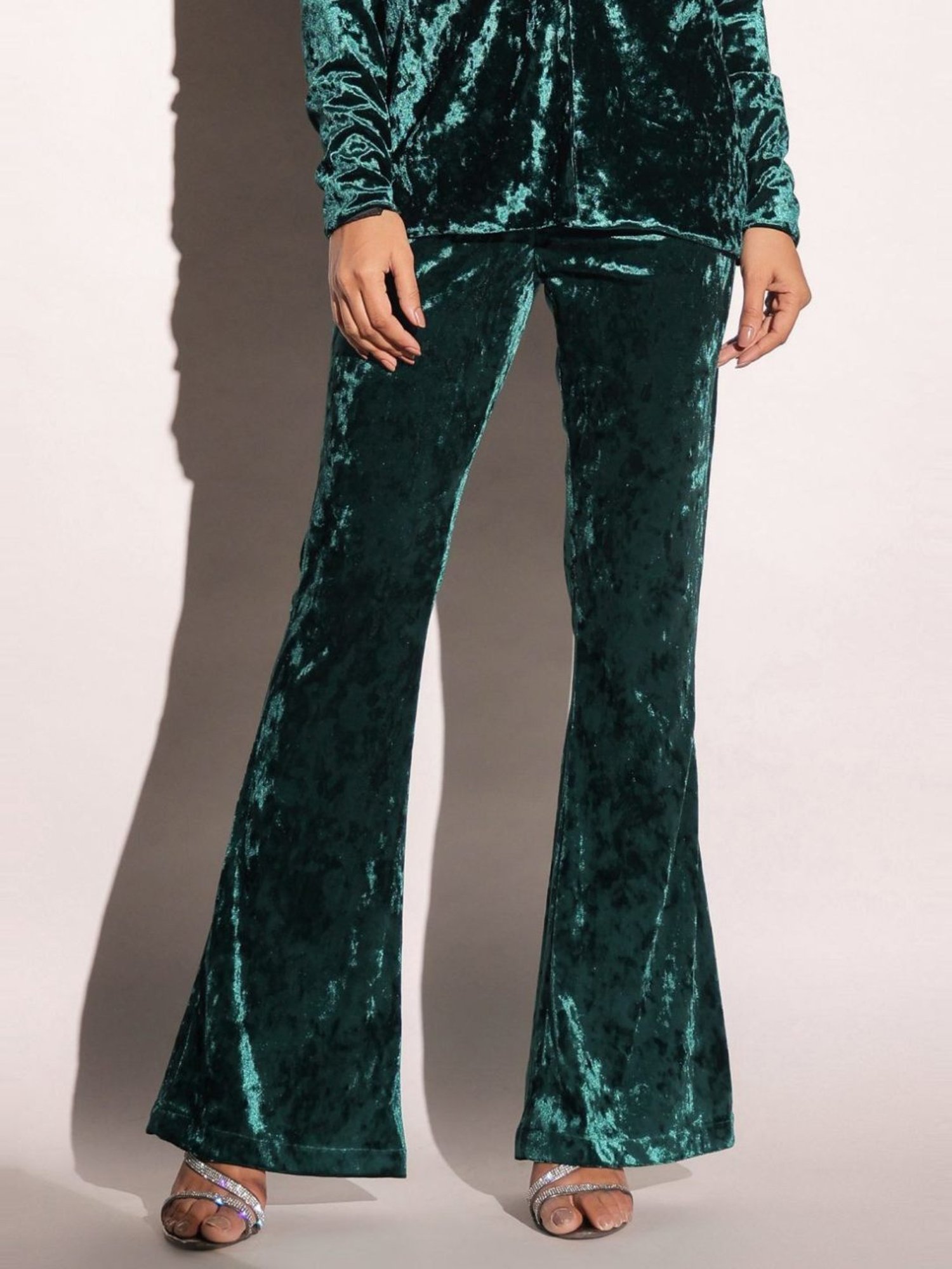 BInfinite Emerald Green Showtime Velvet Flared Trousers