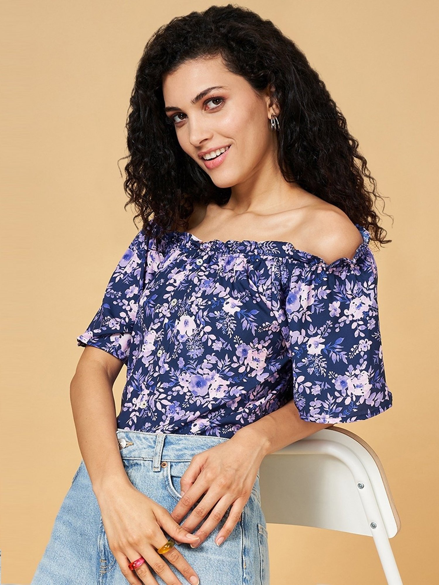 YU by Pantaloons Navy Floral Print Top