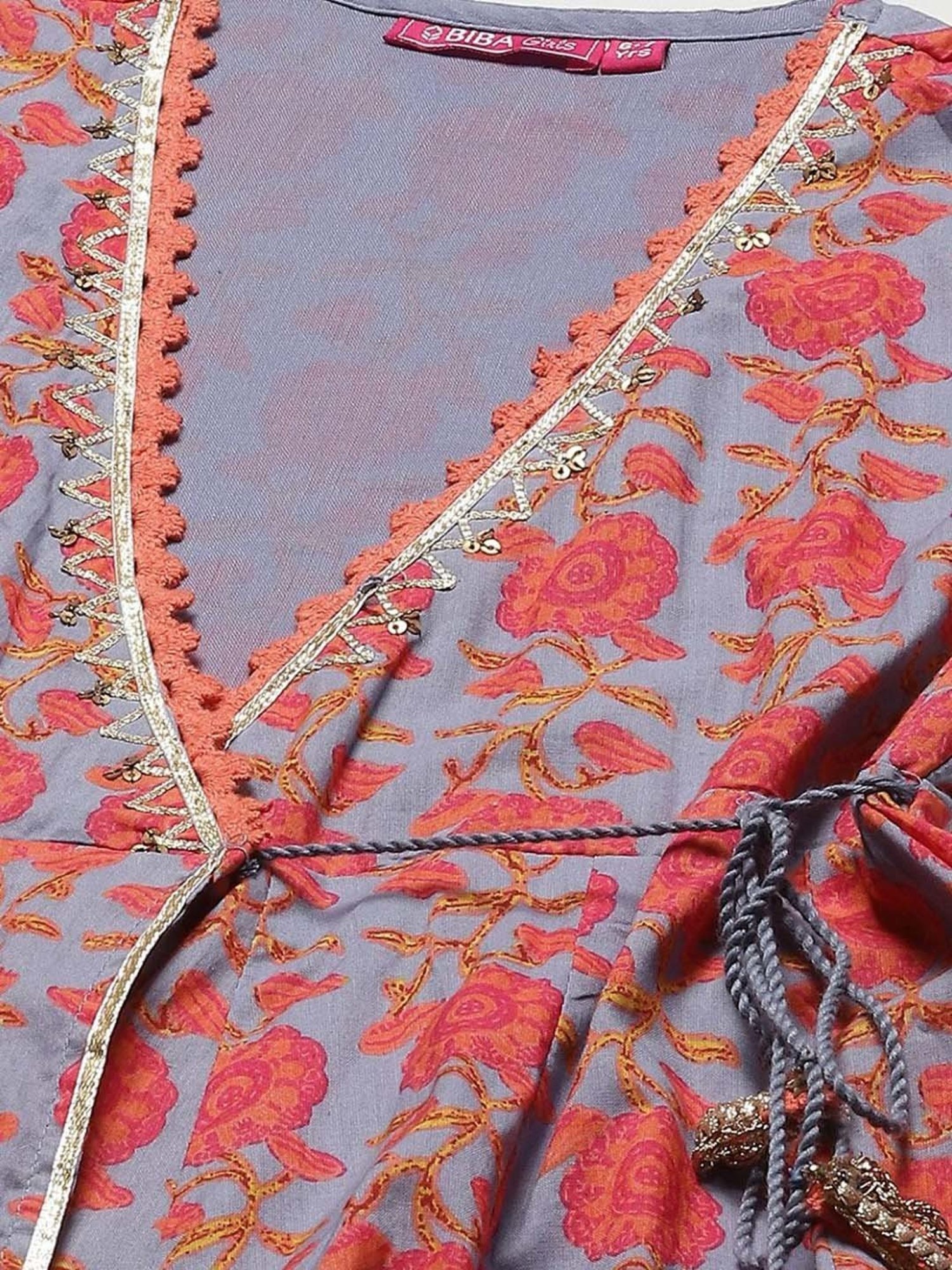 Biba Kids Blue & Red Cotton Floral Print Kurta Set