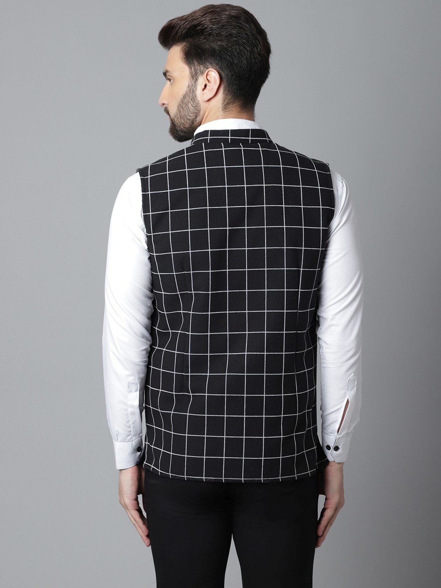 Even Black Regular Fit Checks Nehru Jacket