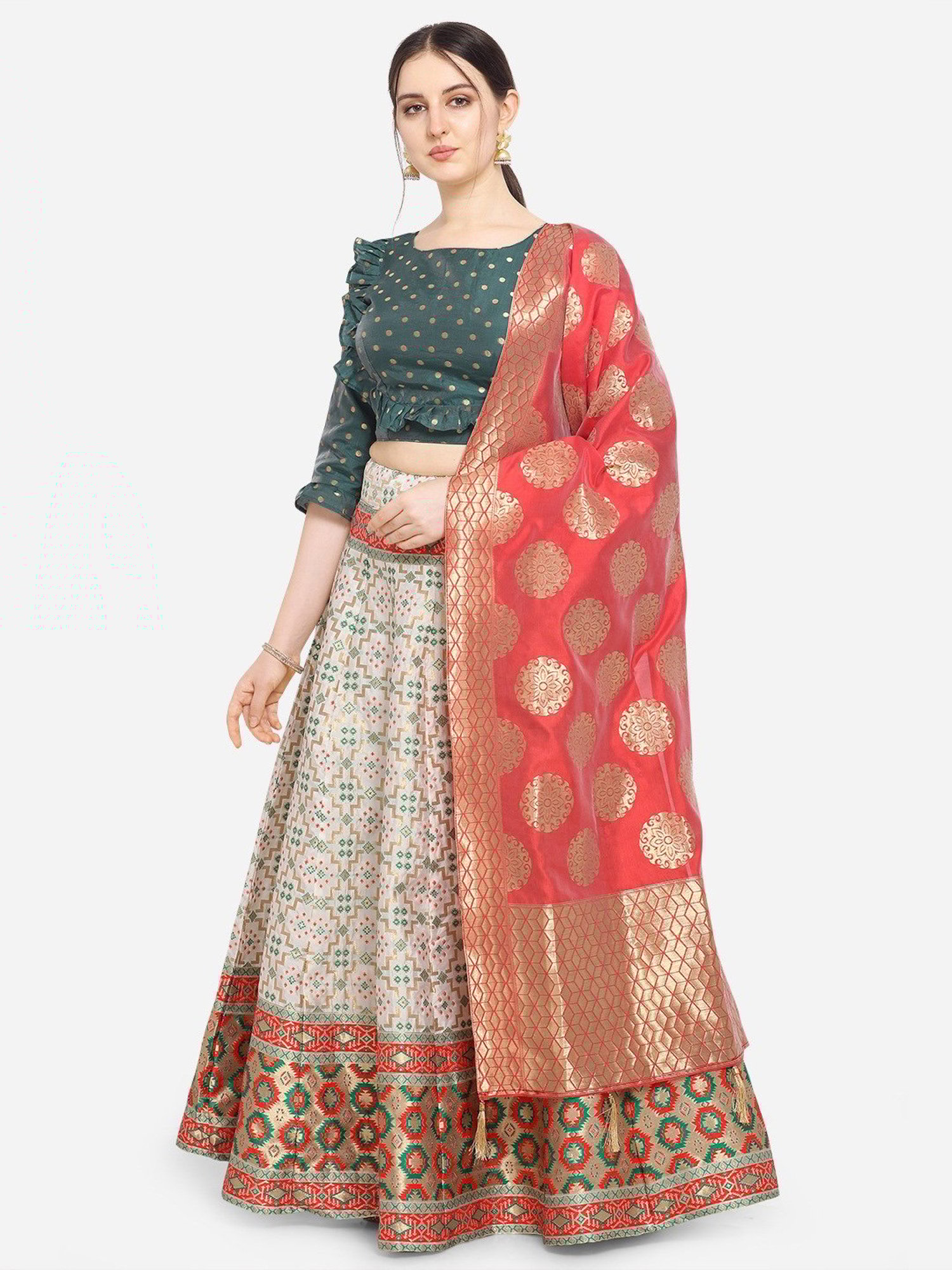 PURVAJA Off White Printed Stitched Lehenga & Unstitched Blouse With Dupatta