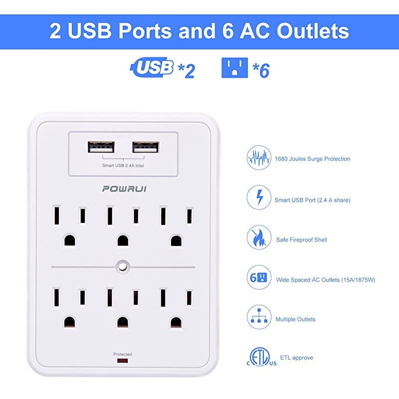 Surge Protector USB Wall Charger with 2 USB Charging PortsSmart 24A Total 6Outlet Extender and Top Phone Holder for Your Cell Phone White ETL Listed