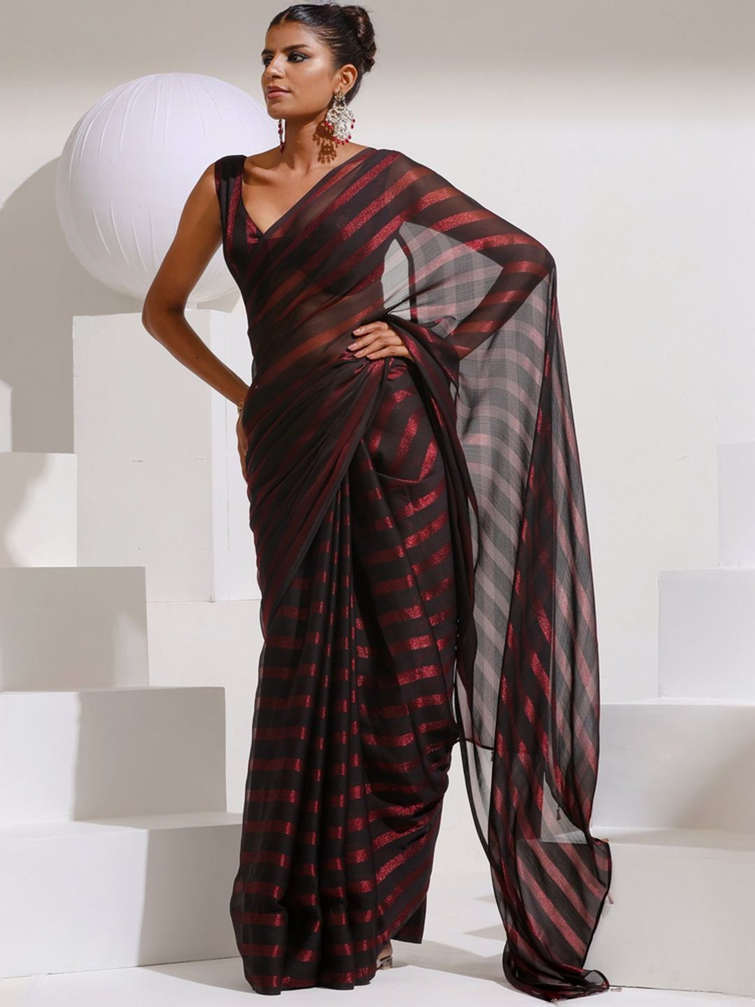 Swtantra Black Striped Saree With Unstitched Blouse